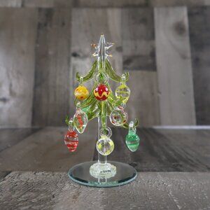 LS Arts Crystal Glass 6" Christmas Tree 11 Ornaments Mirrored Base Holiday Decor
